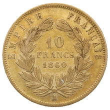 10 French Francs Gold Coin Napoleon III Bare Head 1854-1860