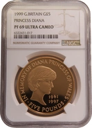 1999 - Gold £5 Proof Crown, Diana Princess of Wales Memorial NGC PF69