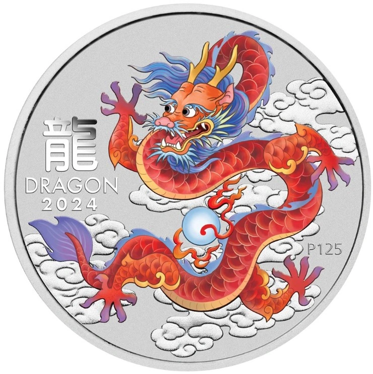 2024 1oz Perth Mint Year of the Dragon Coloured Silver Coin - Red Dragon
