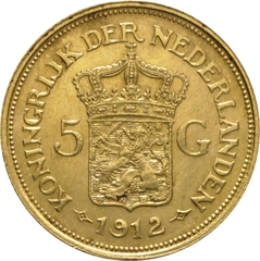 1912 Dutch 5 Guilders Gold Coin Wilhelmina Mature