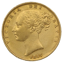 1857 Gold Sovereign - Victoria Young Head Shield Back- London