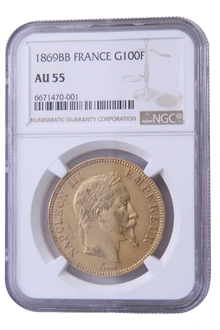 1869 100 French Francs Gold Coin Napoleon III BB Strasbourg NGC AU55
