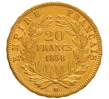 1858 20 French Francs Gold Coin Napoleon III BB