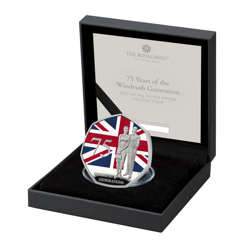 2023 75 Years of the Windrush Generation Fifty Pence Proof Colour Silver Coin Boxed