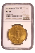 1908 $20 Gold Coin Double Eagle St Gaudens Head Philadelphia No Motto NGC MS63