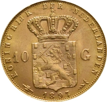 Dutch 10 Guilders Gold Coin Wilhelmina Young Head 1897
