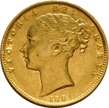 1881 Gold Sovereign - Victoria Young Head Shield Back- S