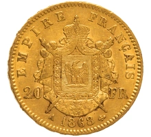 1868 20 French Francs - Napoleon III Laureate Head - A