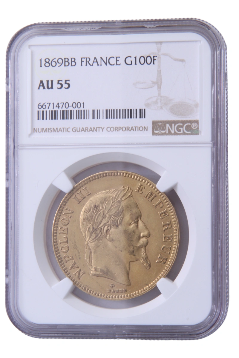 1869 100 French Francs Gold Coin Napoleon III BB Strasbourg NGC AU55
