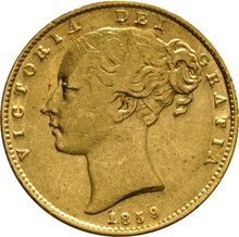 1859 Gold Sovereign - Victoria Young Head Shield Back- London