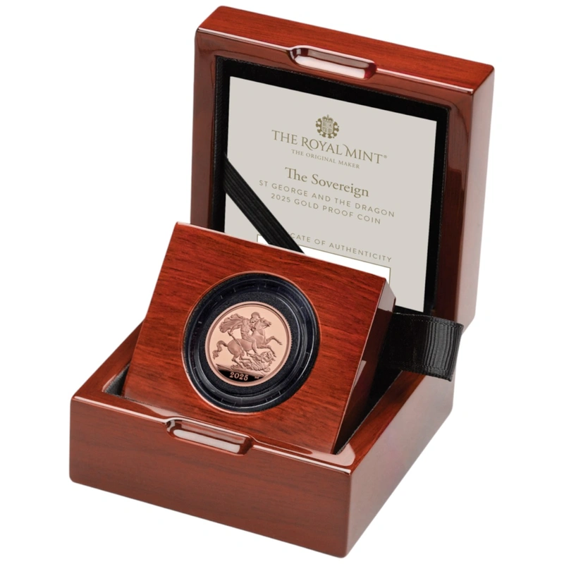 2025 Proof St George & The Dragon Gold Sovereign Coin Boxed