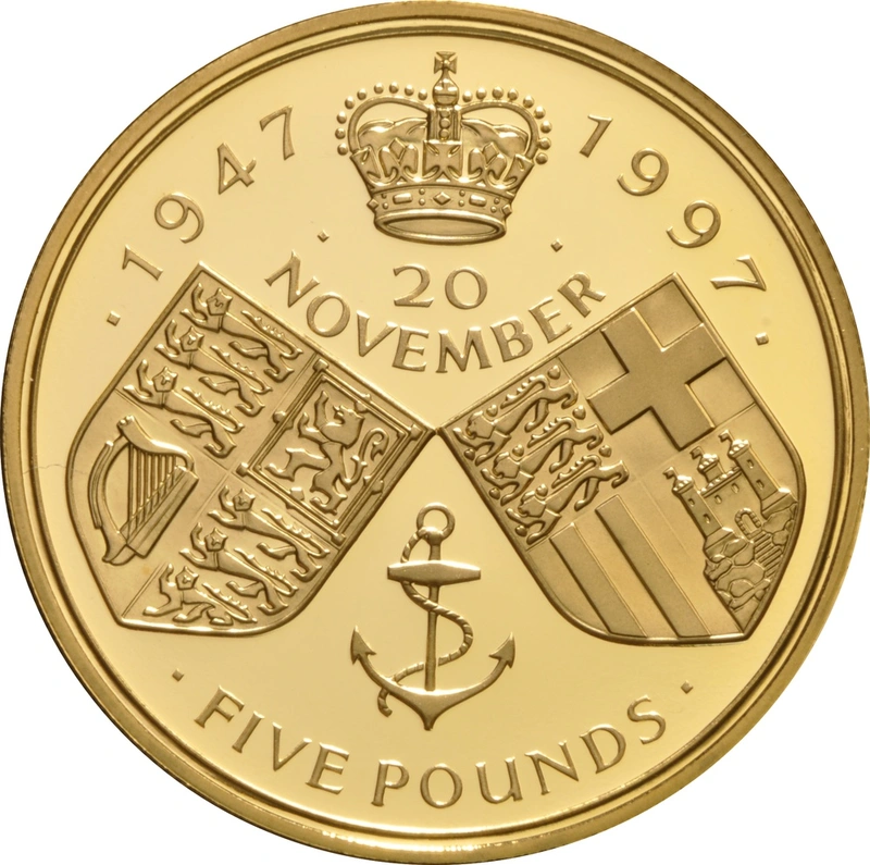 1997 - Gold Five Pound Proof Coin, Golden Wedding Anniversary of Her Majesty the Queen