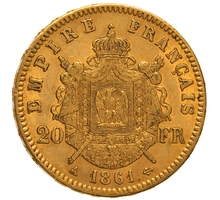 1861 20 French Francs Gold Coin Napoleon III A