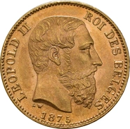 1870-1882 Belgian 20 Francs Gold Coin Leopold II Type 2