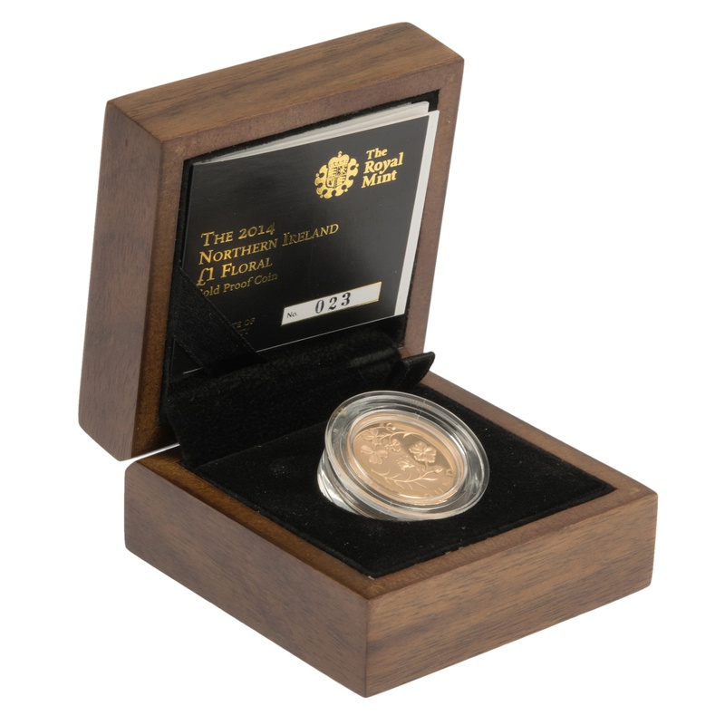 Gold Proof 2014 £1 One Pound Northern Ireland Floral Boxed