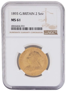 1893 £2 Coin Gold Double Sovereign Victoria Veiled Head NGC MS61