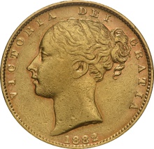 1882 Gold Sovereign - Victoria Young Head Shield Back- M