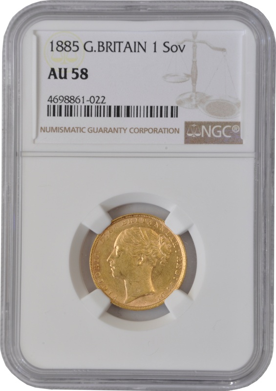 1885 Gold Sovereign - Victoria Young Head - London NGC AU58