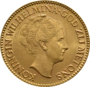 Dutch 10 Guilders Gold Coin Wilhelmina Old Head 1925-1933