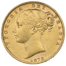 1873 Gold Sovereign - Victoria Young Head Shield Back- S