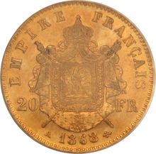 1868 20 French Francs Gold Coin Napoleon III Laureate Head A PCGS MS62