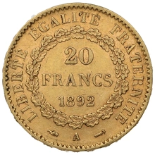 1892 20 French Francs Gold Coin Guardian Angel Genius A