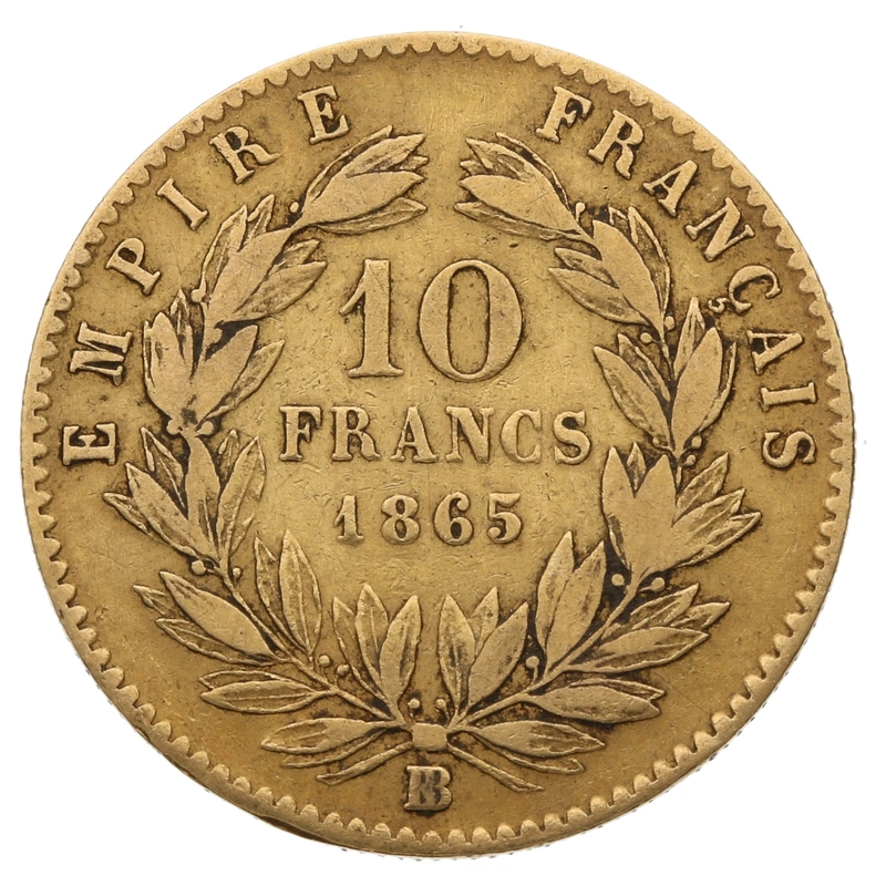 1865 10 French Francs Gold Coin Napoleon III BB
