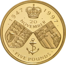 1997 - Gold Five Pound Proof Coin, Golden Wedding Anniversary of Her Majesty the Queen