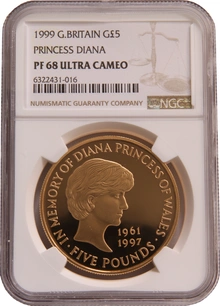 1999 - Gold £5 Proof Crown, Diana Princess of Wales Memorial NGC PF68