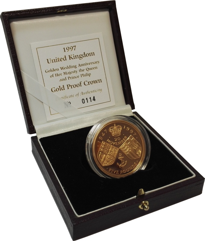 1997 - Gold Five Pound Proof Coin, Golden Wedding Anniversary of Her Majesty the Queen