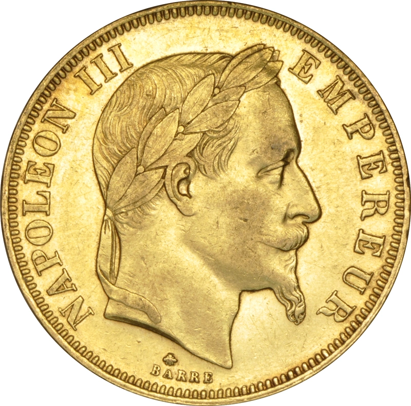 50 French Francs Gold Coin Napoleon III Laureate Head