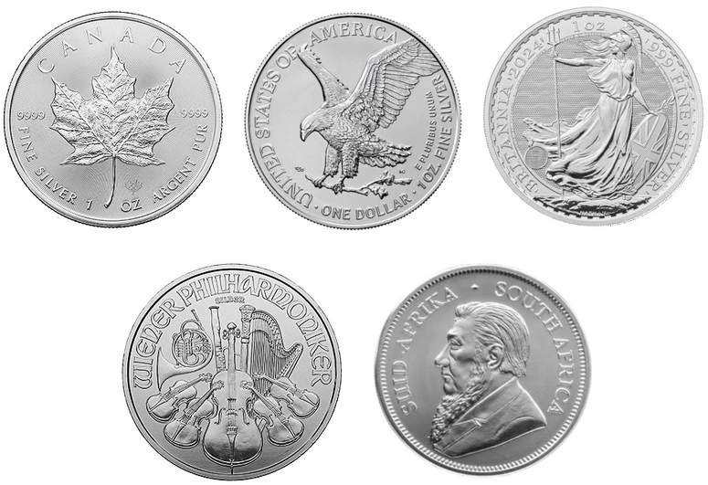 2024 1oz Silver Coin Set; Britannia, Krugerrand, Philharmonic, Eagle, Maple