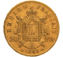 1863 20 French Francs - Napoleon III Laureate Head - A