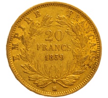 1859 20 French Francs - Napoleon III Bare Head - BB
