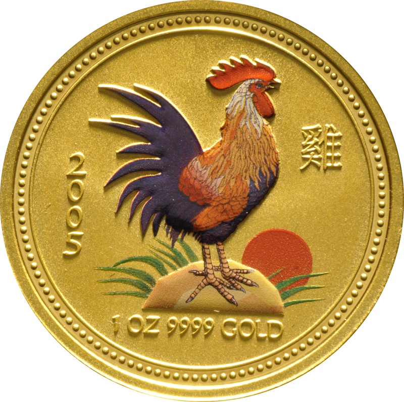2005 1oz Gold Australian Painted Lunar Year of the Cockerel