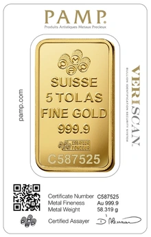 5 Tola Gold Bar PAMP Lady Fortuna