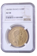 1869 Napoleon III 100 French Francs BB Strasbourg NGC AU58