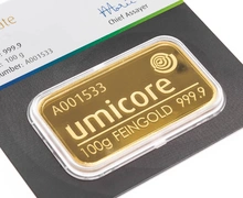 Umicore 100 Gram Gold Bars