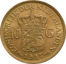Dutch 10 Guilders Gold Coin Wilhelmina Mature 1911-1917