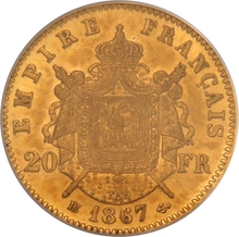 1867 20 French Francs Gold Coin Napoleon III Laureate Head BB PCGS MS62