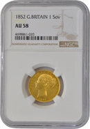 1852 Gold Sovereign - Victoria Young Head Shield Back- London NGC AU58