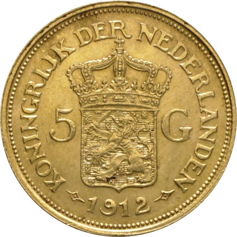 1912 Dutch 5 Guilders Gold Coin Wilhelmina Mature
