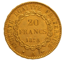 1878 20 French Francs Gold Coin Guardian Angel Genius A