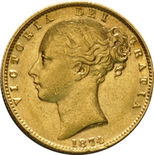 1874 Gold Sovereign - Victoria Young Head Shield Back- M
