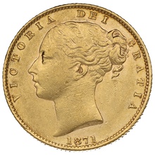 1871 Gold Sovereign - Victoria Young Head Shield Back- London