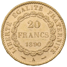 1890 20 French Francs Gold Coin Guardian Angel Genius A