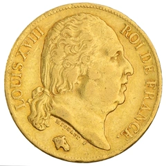 20 French Francs Gold Coin Louis XVIII Bare Head