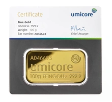 Umicore 100 Gram Gold Bars