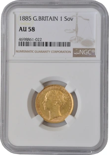1885 Gold Sovereign - Victoria Young Head - London NGC AU58