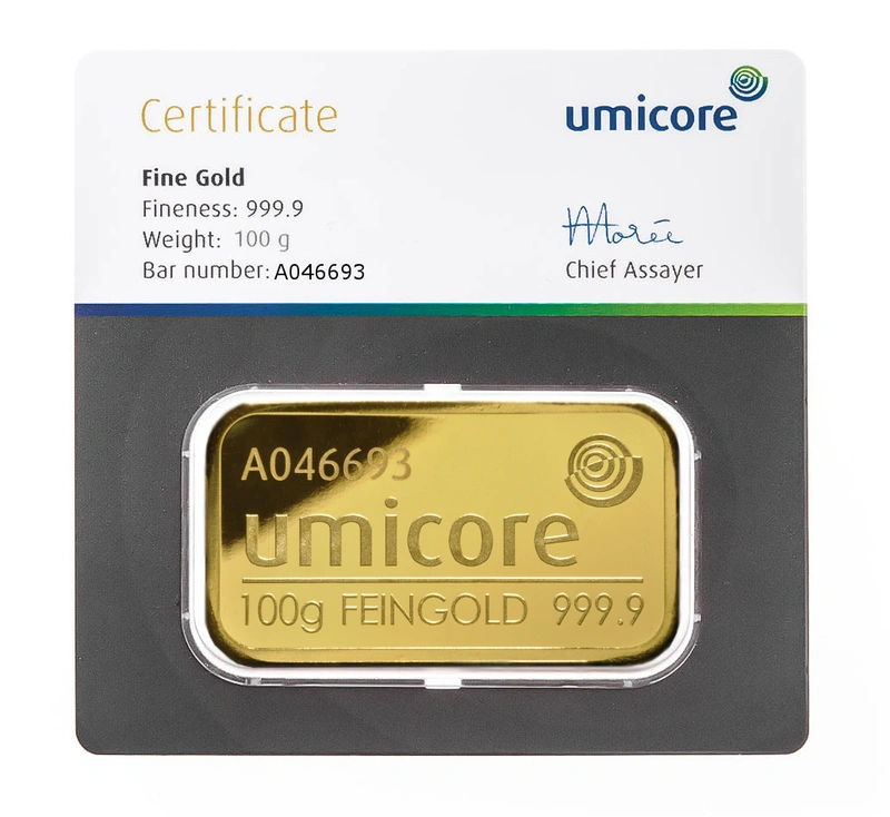 Umicore 100 Gram Gold Bars